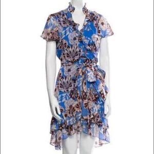 Alexis Blue Floral Print Midi Length Short Sleeve Wrap Dress. Size Large.